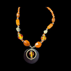 Orange and Gold Statement Beaded Necklace with Circular Pendant